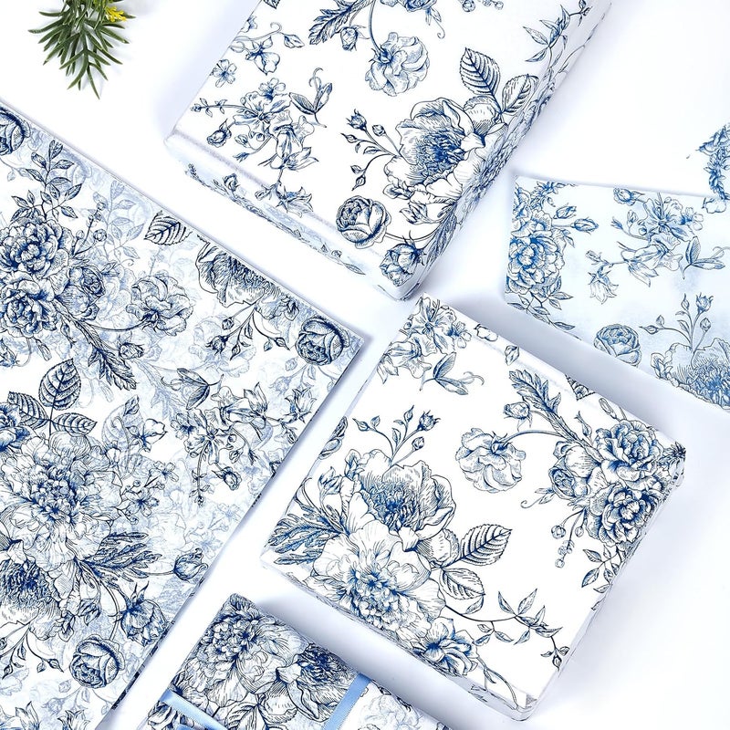 EROMAP 120 Sheets Blue Floral Tissue Paper Chinoiserie Gift Wrapping Paper Vintage Blue White Flowers Packaging Patterned Bulk for Baby Shower Wedding Birthday Party Decor, 14 x 20 Inch - Image 3